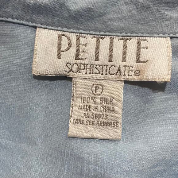 Vintage 90s Fringe Silk Button Down Shirt Blouse Western Light Blue Small Petite - Picture 6 of 7